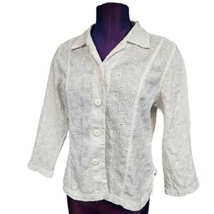 Saint Tropez West White Linen Eyelet 3/4 Sleeve‎ Button Down Size Large F81